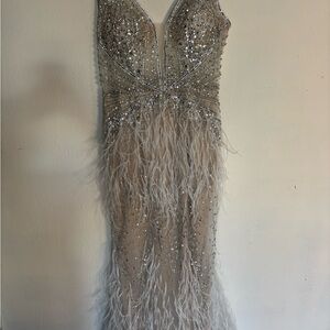 Jovani Silver and Cream Feathered Prom Dress